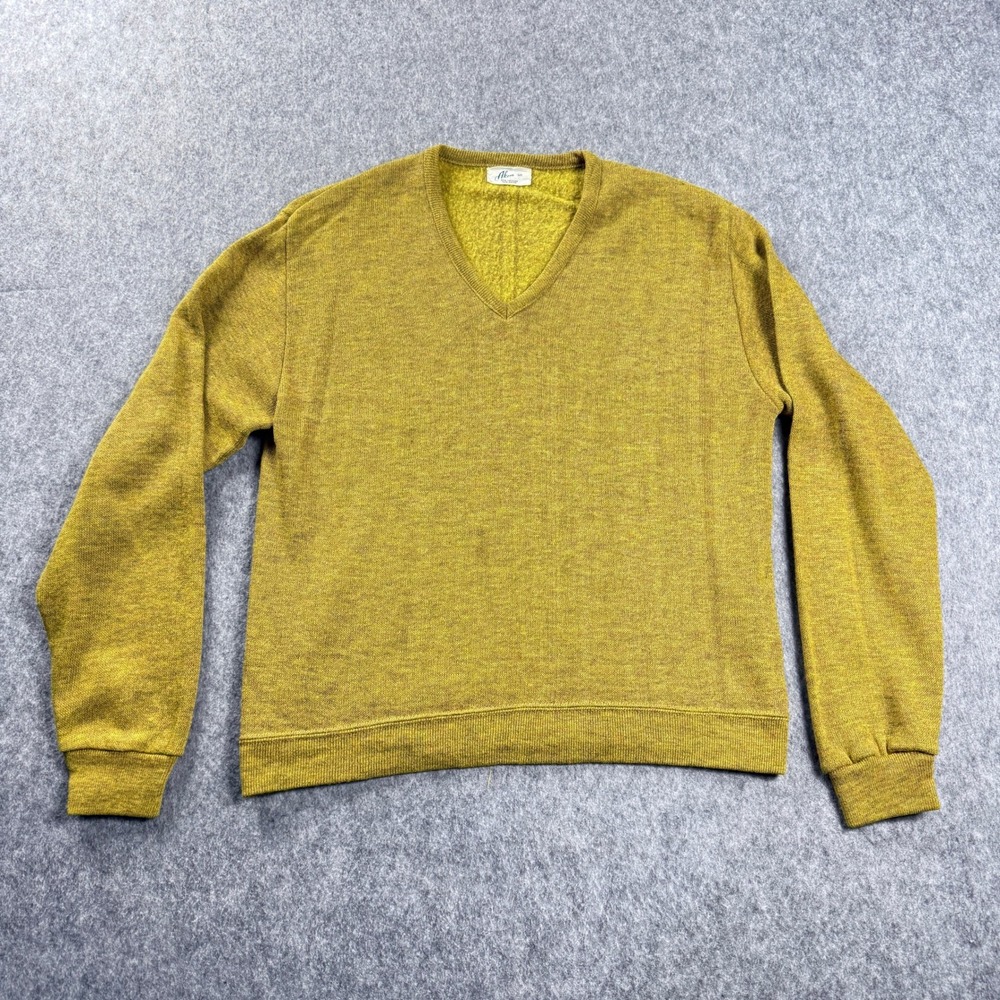 Vintage Akom Mustard Yellow V-Neck Sweatshirt Mens Medium Creslan Blend